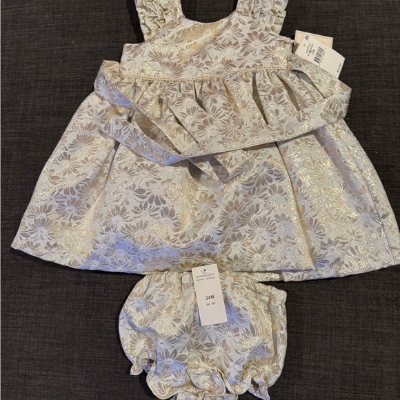 Laura Ashley Cream and Gold Floral Dress with Diaper Cover Set